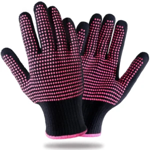 Two heat resistant gloves with silicone bumps protect hands from hot styling tools like curling irons and flat irons.