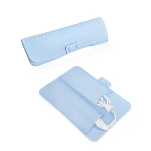 Blue silicone heat resistant mat and travel case with two pockets for storing curling irons, flat irons, and other hot styling tools while protecting surfaces and providing organization.