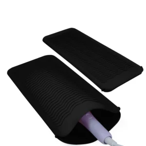 Two black silicone heat resistant mat pouches are displayed, designed for storing hot hair styling tools like flat irons and curling irons, protecting surfaces from heat damage.
