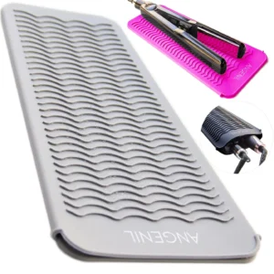 Grey silicone heat resistant mat and pouch for safely storing hot hair straighteners, curling irons and flat irons while protecting surfaces from heat damage.