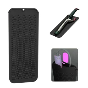 Black heat resistant silicone mat pouch can be used as a curling iron holder or travel mat for hot hair styling tools.