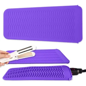 Purple heat resistant silicone mat pouch protects surfaces from hot hair styling tools like flat irons and curling irons, and folds up for easy storage and travel.