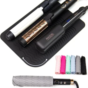 Large heat resistant silicone mat protects surfaces from hot hair styling tools like curling irons and flat irons, preventing burns and scratches.