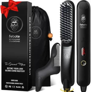 This heated beard straightening brush for men features five temperature settings, anti-scald design, and comes with a beard shaper and travel bag for styling on the go.