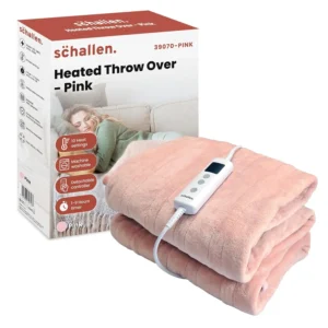 Pink Schallen heated throw blanket provides warmth and comfort with 10 adjustable heat settings and a built-in timer for cozy relaxation during winter.