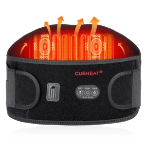 The CUEHEAT cordless heated waist belt with massage is shown, designed for low back pain relief and featuring adjustable settings and a rechargeable battery.