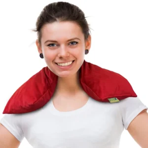 Crimson red velvet microwavable cherry pit heating pad for neck and shoulder pain relief made in the USA.