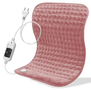 Rose gold electric heating pad providing fast and effective hot therapy for back pain, muscle soreness, cramps, and joint relief with adjustable straps.