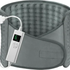 This grey electric heating pad with velcro is designed to relieve back, neck, and shoulder pain with its six temperature settings and automatic shut-off feature, and it's also machine washable.