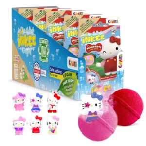 Five watermelon-scented Hello Kitty bath bombs fizz and release surprise Hello Kitty figures, turning bath time into a fun and colorful adventure for kids with soft, healthy skin thanks to nourishing jojoba oil.