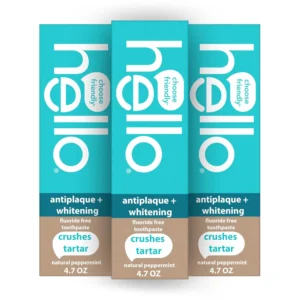 Three tubes of Hello Antiplaque Whitening Toothpaste, a fluoride-free and peroxide-free toothpaste with natural peppermint and tea tree oil, offering teeth whitening and plaque removal.