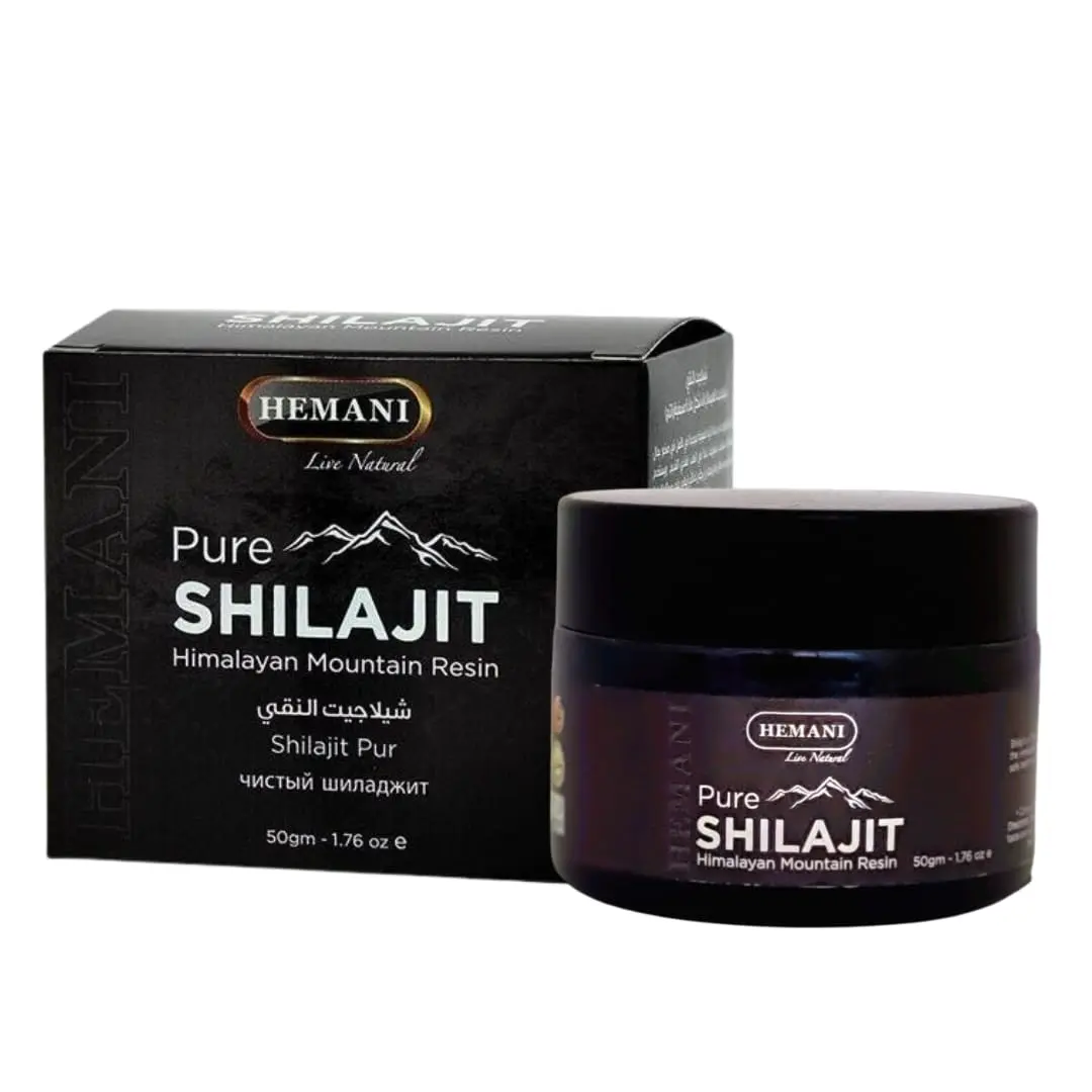 A jar of Hemani Pure Shilajit Himalayan Resin, a natural tonic for vigor, vitality, stamina, and immune system support.