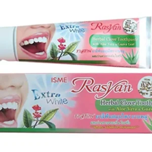 Rasyan Isme herbal clove toothpaste with aloe vera and guava leaf for hygienic dental care, 100g tube.
