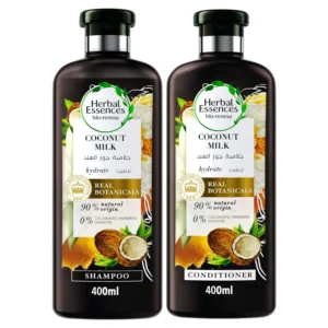 Herbal Essences Bio:Renew coconut milk shampoo and conditioner set for silky, hydrated, and color-safe hair, made with 90% natural origin ingredients and free of harsh chemicals.