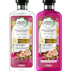 Herbal Essences Bio:Renew shampoo and conditioner set with white strawberry and mint scent for voluminous, color-safe hair that is free of parabens and colorants.