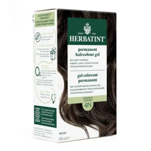 Herbatint 4N Chestnut hair dye provides vibrant, long-lasting colour with natural shine while covering white hair using a permanent gel formula with plant extracts.