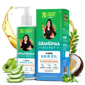 NIDHI'S GRANDMAA SECRET 13 Herbs Hair Oil is a handmade blend of coconut oil and curry leaves to control hair fall and promote healthy hair growth.