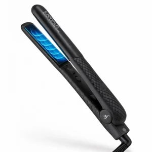 HerStyler Superstyler Onyx Ceramic Flat Iron for straightening hair, featuring adjustable temperature control and dual voltage for travel.
