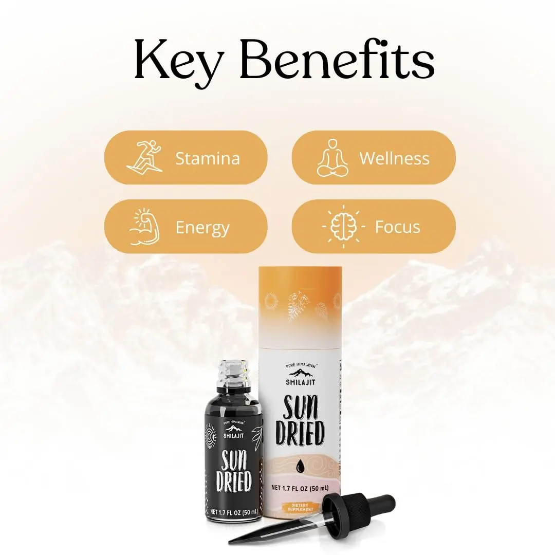 Authentic Himalayan Shilajit liquid drops, sun-dried to preserve natural fulvic acid and trace minerals, harvested at 16,000 ft. in Gilgit Baltistan.