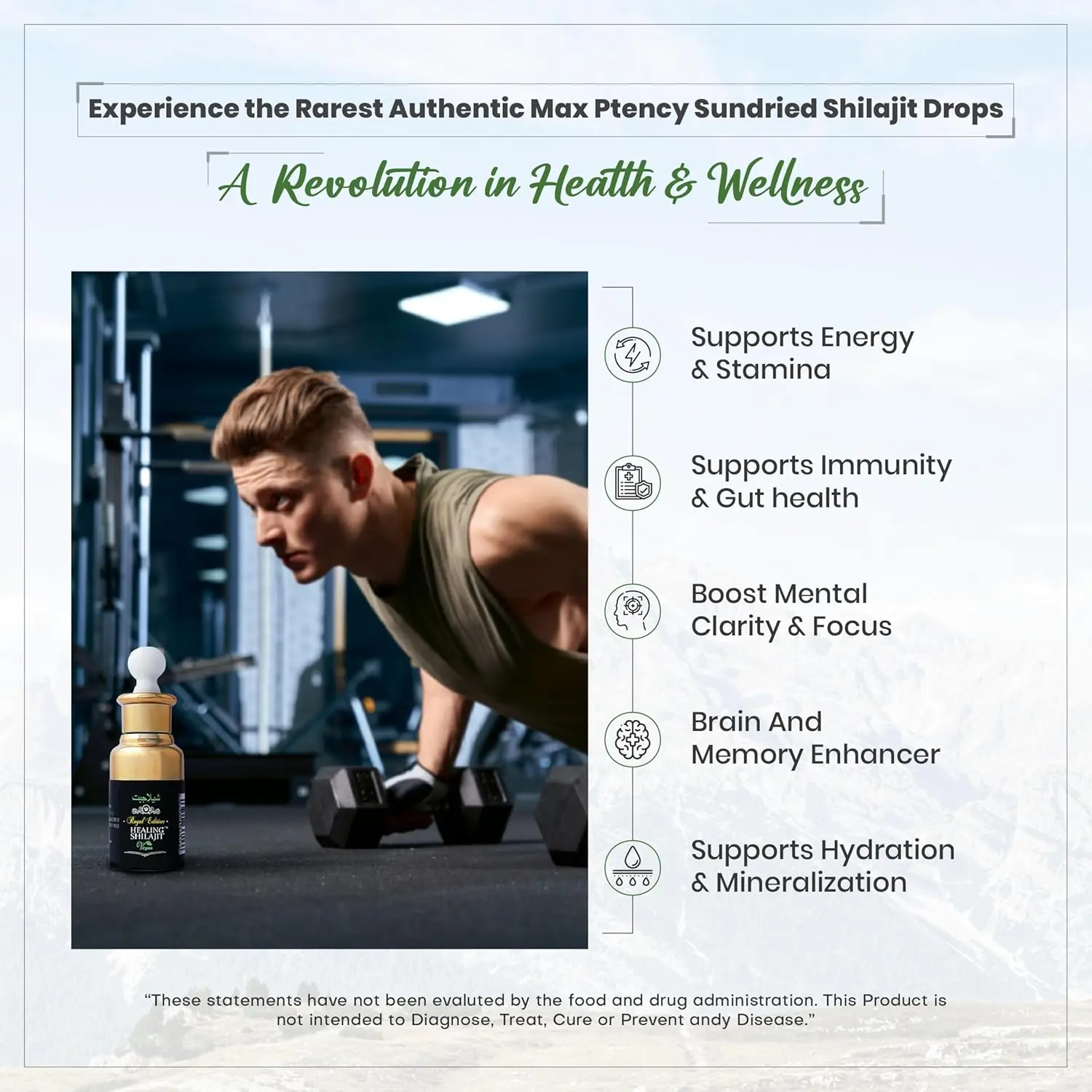 Bottle of pure Himalayan Shilajit drops with fulvic acid and essential minerals for enhanced energy, immune support, and overall vitality.