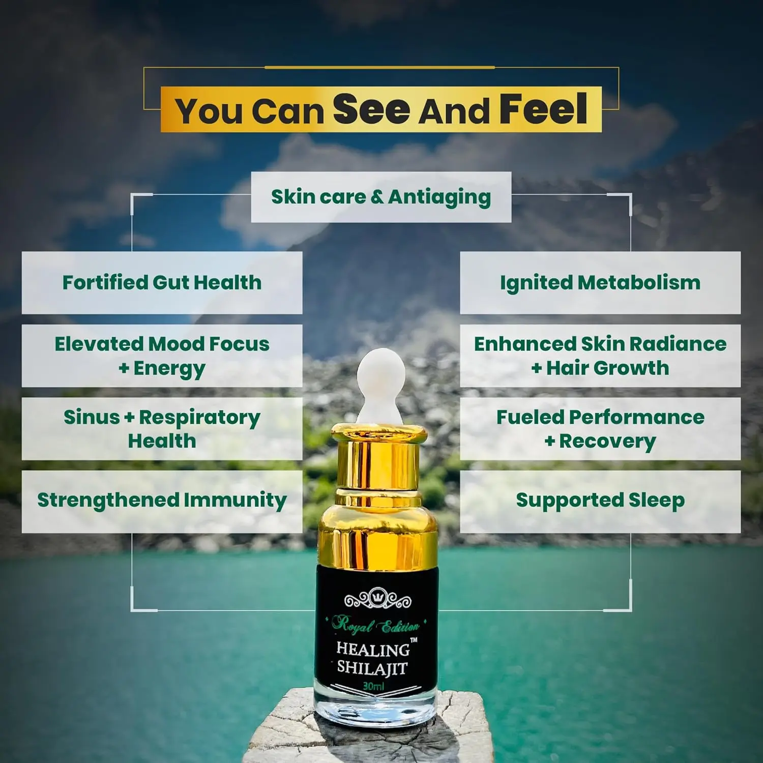 Bottle of pure Himalayan Shilajit drops with fulvic acid and essential minerals for enhanced energy, immune support, and overall vitality.