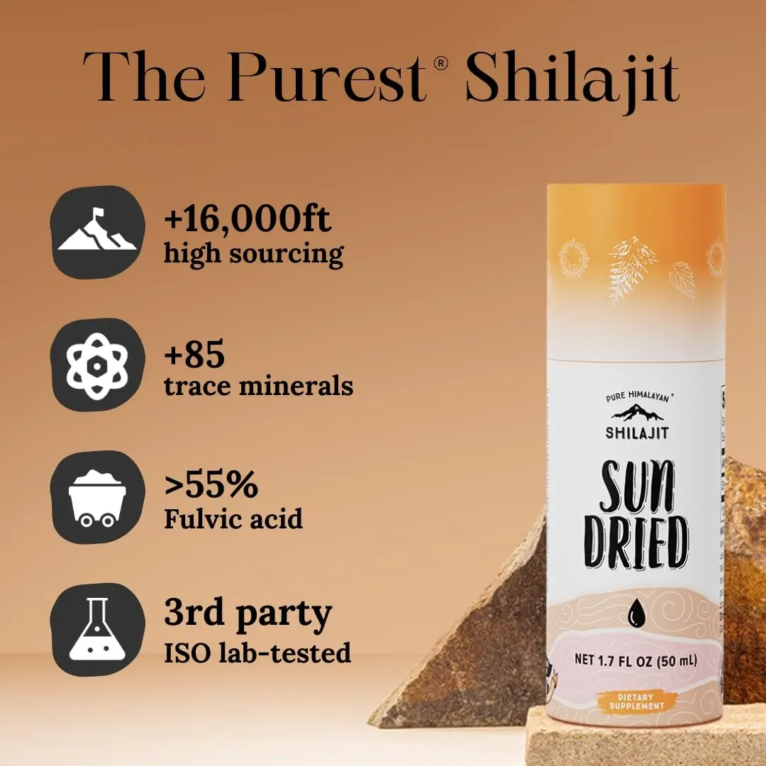 Authentic Himalayan Shilajit liquid drops, sun-dried to preserve natural fulvic acid and trace minerals, harvested at 16,000 ft. in Gilgit Baltistan.