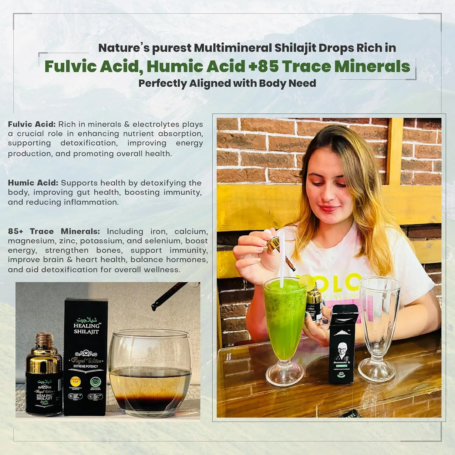 Bottle of pure Himalayan Shilajit drops with fulvic acid and essential minerals for enhanced energy, immune support, and overall vitality.