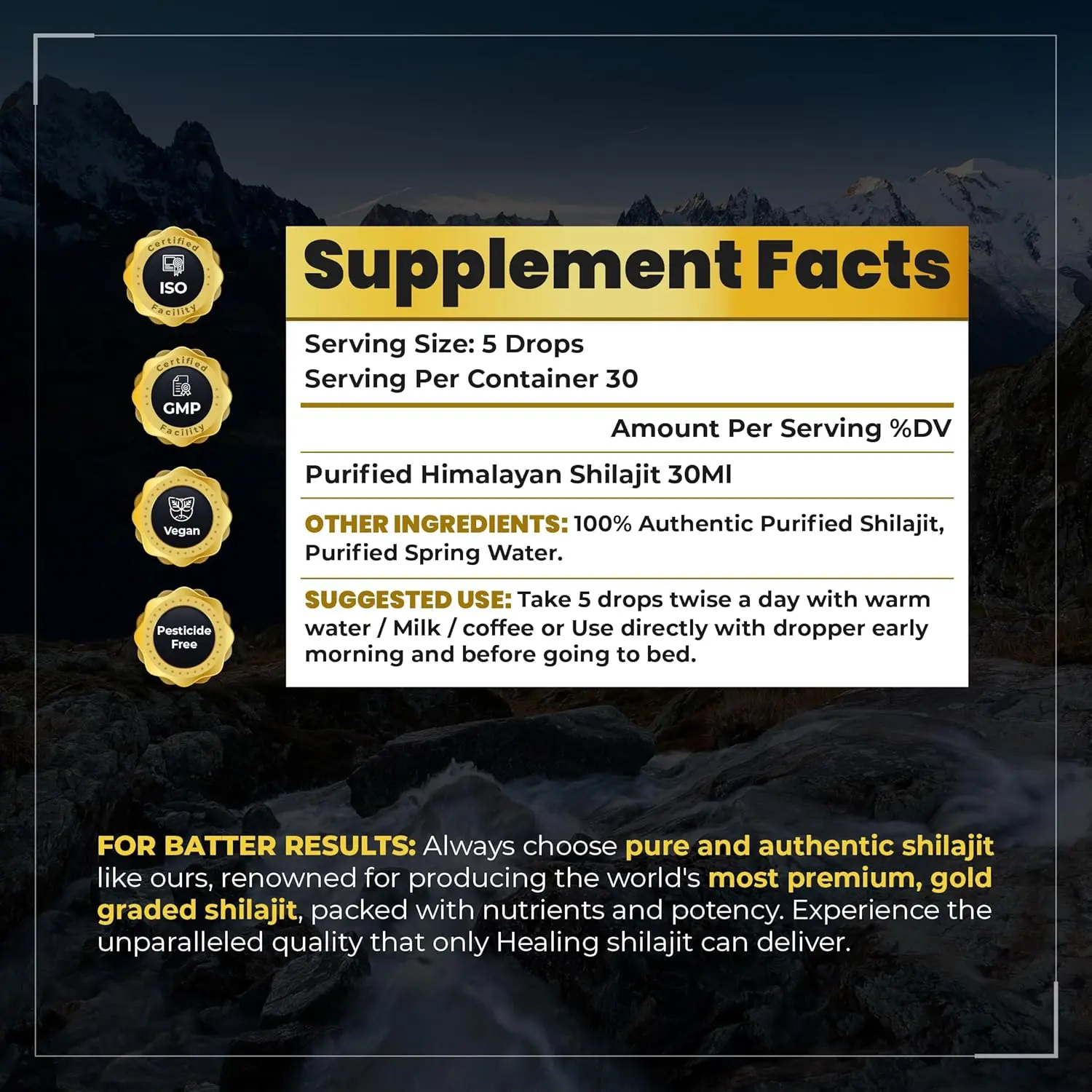 Bottle of pure Himalayan Shilajit drops with fulvic acid and essential minerals for enhanced energy, immune support, and overall vitality.