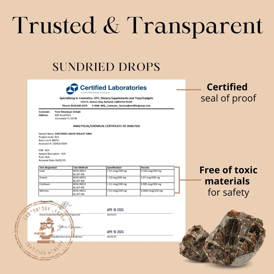 Authentic Himalayan Shilajit liquid drops, sun-dried to preserve natural fulvic acid and trace minerals, harvested at 16,000 ft. in Gilgit Baltistan.