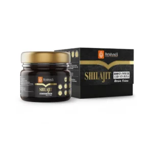 Krishna's Herbal & Ayurveda pure Shilajit resin sourced from the Himalayas, known for boosting energy, stamina, strength, and overall well-being with fulvic acid and antioxidant properties.