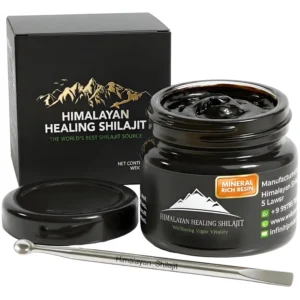 A 30-gram jar of fresh and pure Himalayan Healing Shilajit, sourced directly from Skardu, is shown with a small spoon.