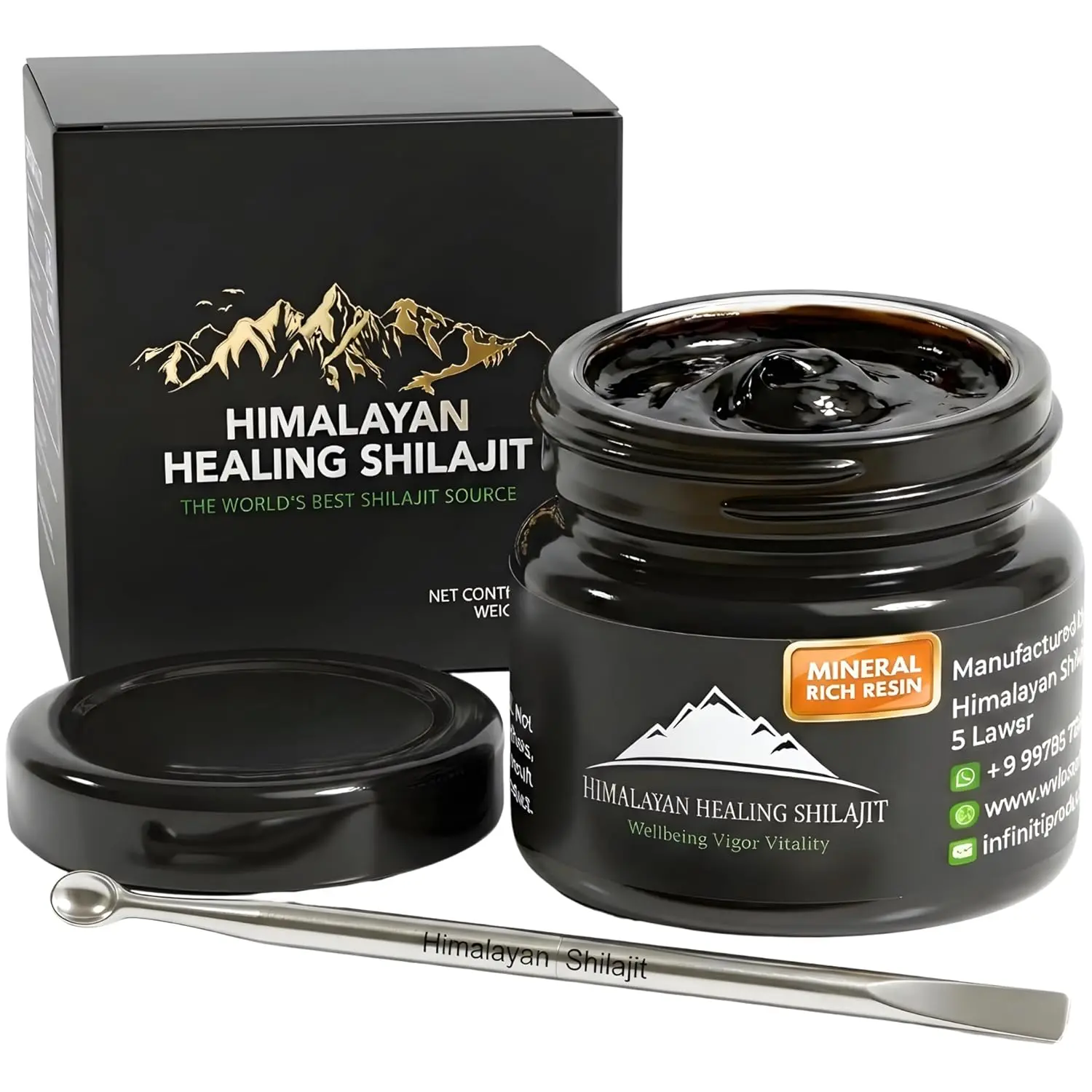 A 30-gram jar of fresh and pure Himalayan Healing Shilajit, sourced directly from Skardu, is shown with a small spoon.
