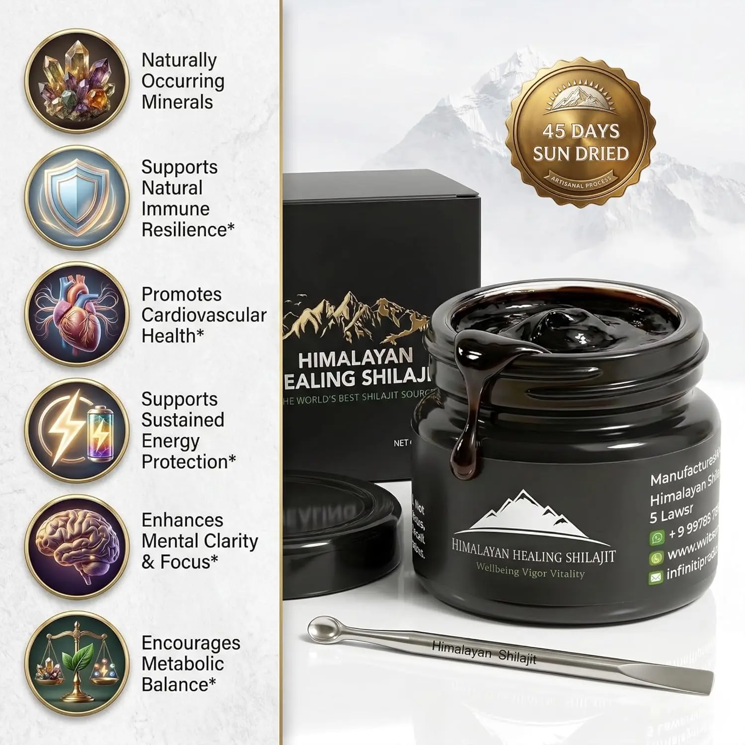 A 30-gram jar of fresh and pure Himalayan Healing Shilajit, sourced directly from Skardu, is shown with a small spoon.