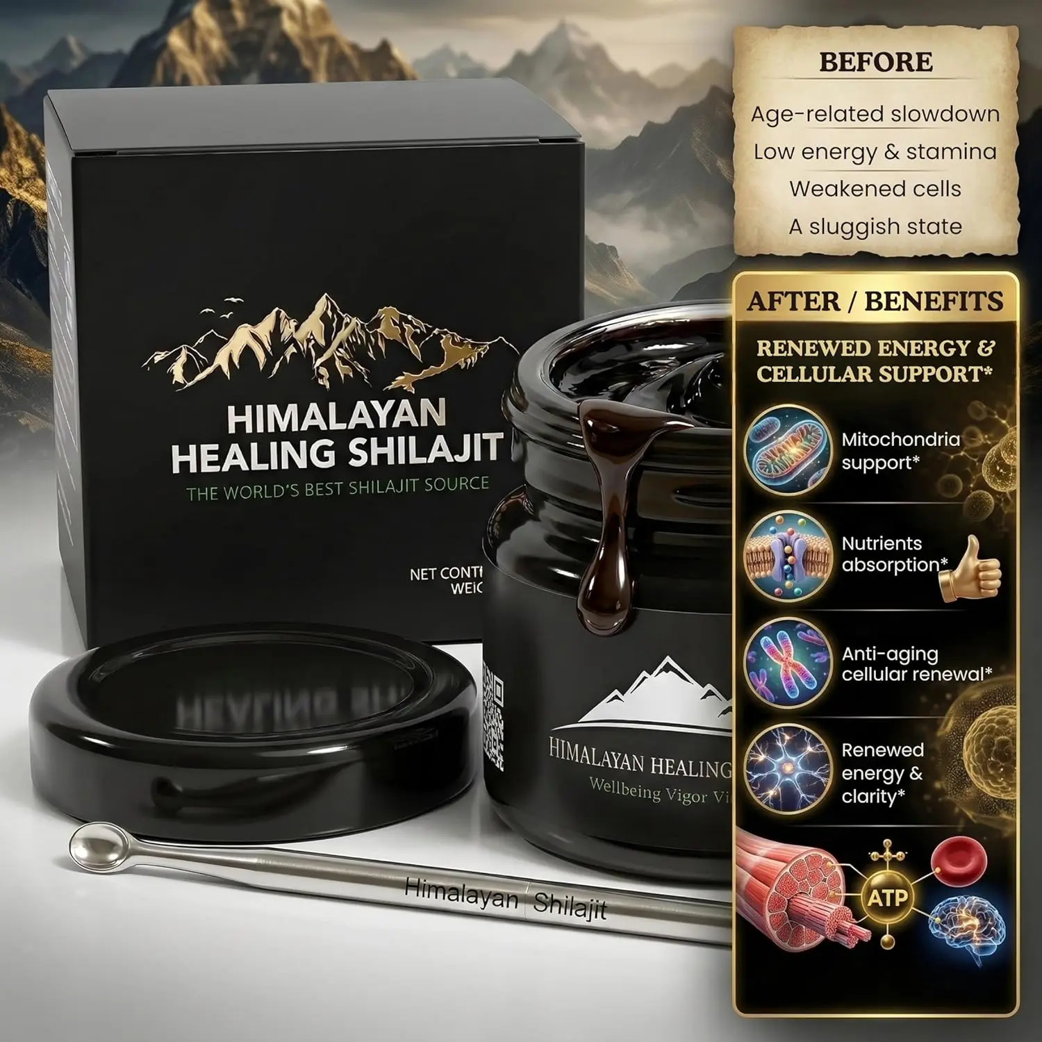 A 30-gram jar of fresh and pure Himalayan Healing Shilajit, sourced directly from Skardu, is shown with a small spoon.