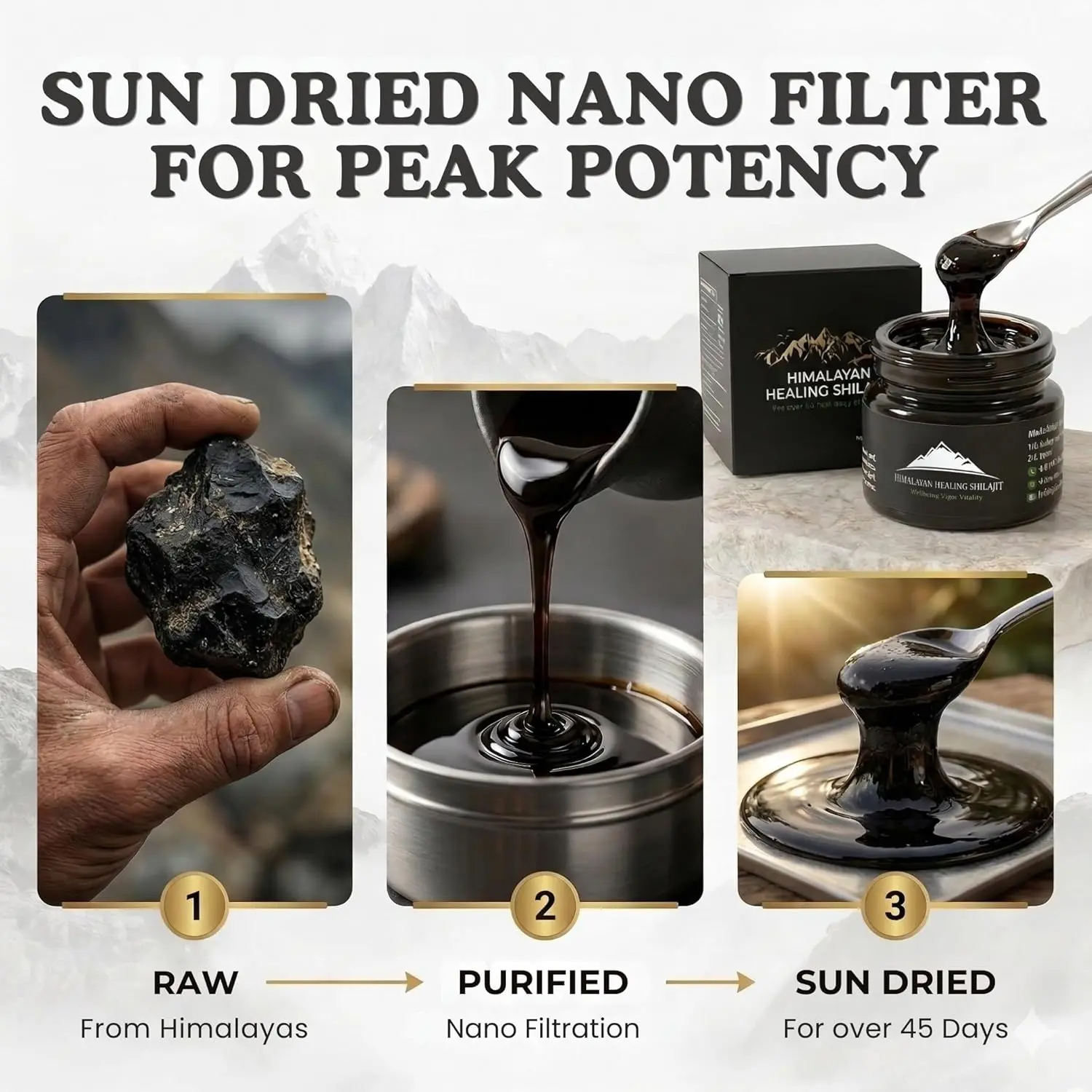 A 30-gram jar of fresh and pure Himalayan Healing Shilajit, sourced directly from Skardu, is shown with a small spoon.