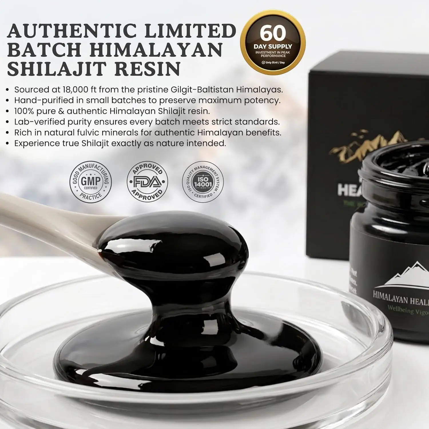 A 30-gram jar of fresh and pure Himalayan Healing Shilajit, sourced directly from Skardu, is shown with a small spoon.