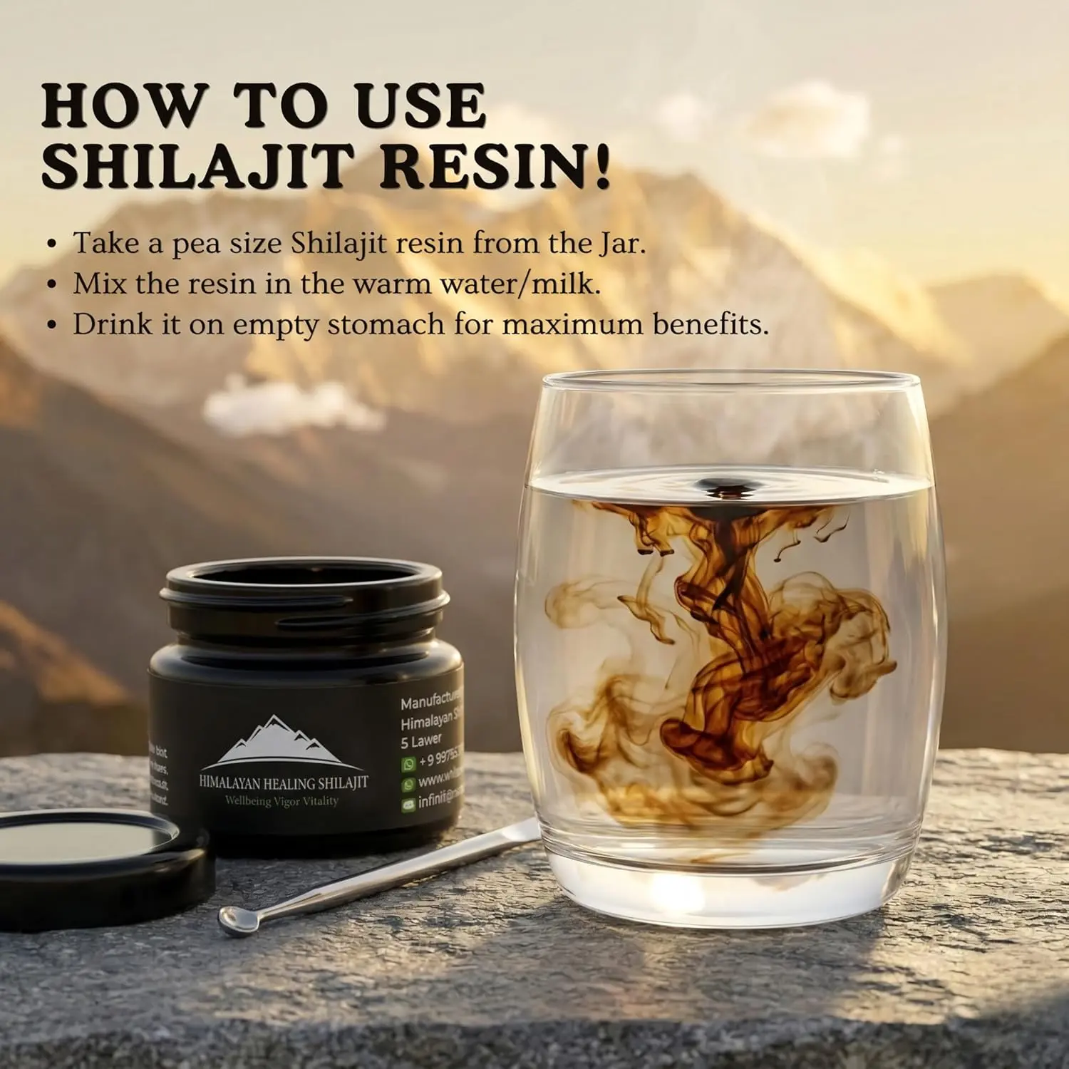 A 30-gram jar of fresh and pure Himalayan Healing Shilajit, sourced directly from Skardu, is shown with a small spoon.