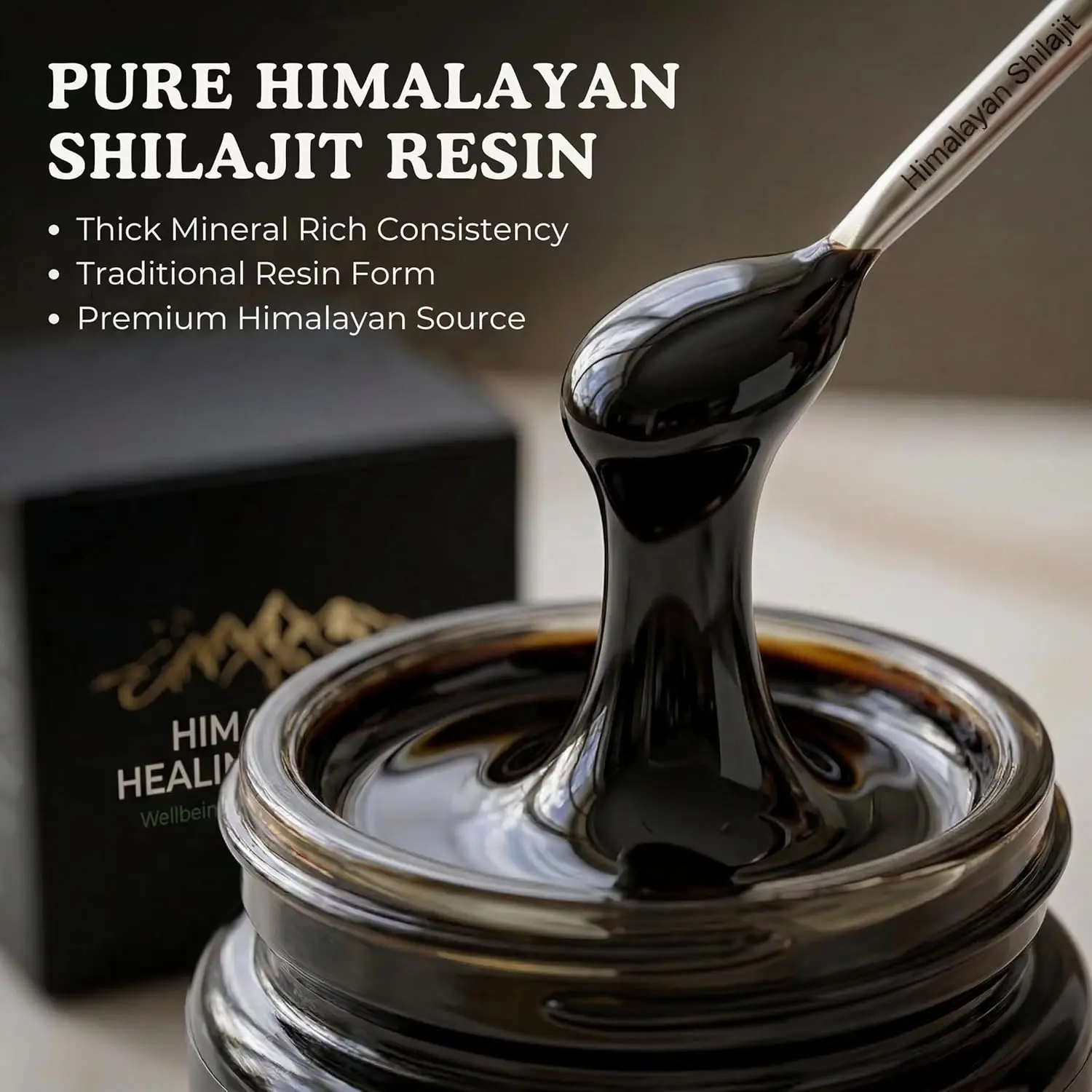 A 30-gram jar of fresh and pure Himalayan Healing Shilajit, sourced directly from Skardu, is shown with a small spoon.