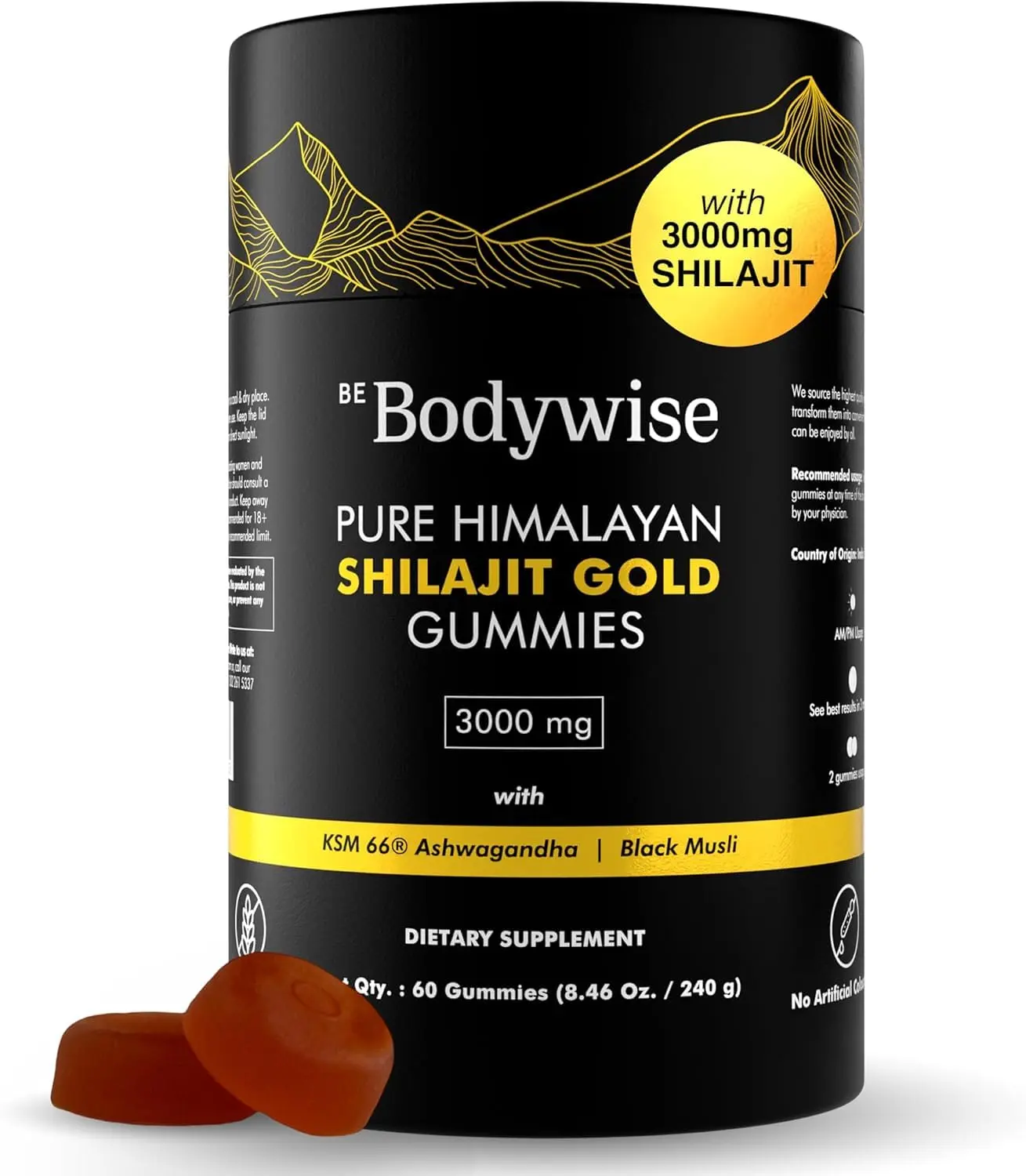 Be Bodywise Himalayan Shilajit gummies in gold grade quality, lab tested and with ashwagandha, gokshura, fulvic acid and 85+ trace minerals to support energy, strength and overall wellbeing for men and women.