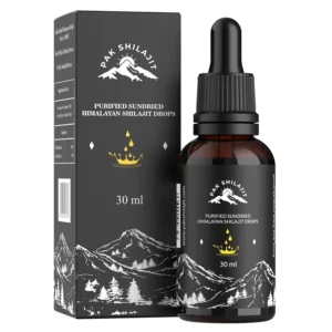 Natural sun-dried Himalayan Shilajit liquid drops, harvested above 17000FT, are gold-graded and rich in fulvic and humic acids with 84 plus minerals.