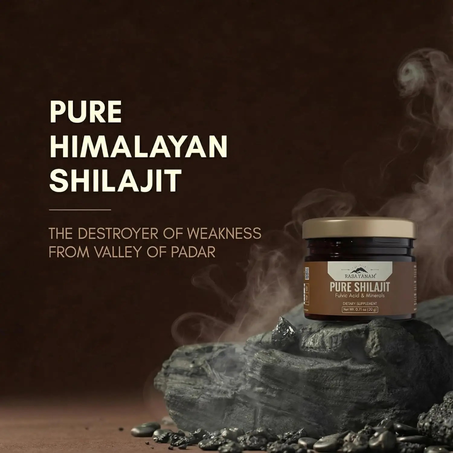 Rasayanam Shilajit resin is a pure and potent supplement sourced from high-altitude Himalayan regions, naturally filtered using traditional Ayurvedic methods and tested for heavy metals, suitable for vegetarians.