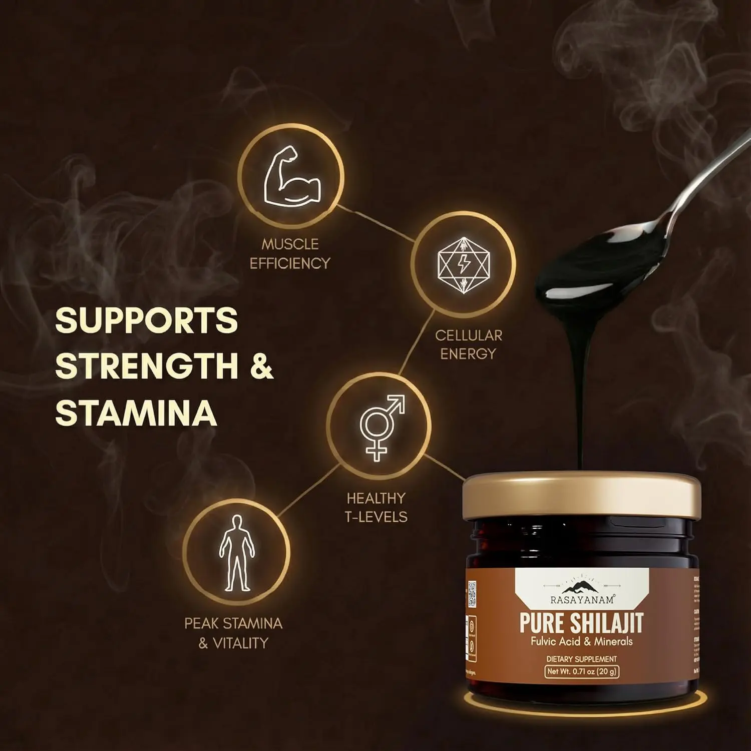 Rasayanam Shilajit resin is a pure and potent supplement sourced from high-altitude Himalayan regions, naturally filtered using traditional Ayurvedic methods and tested for heavy metals, suitable for vegetarians.