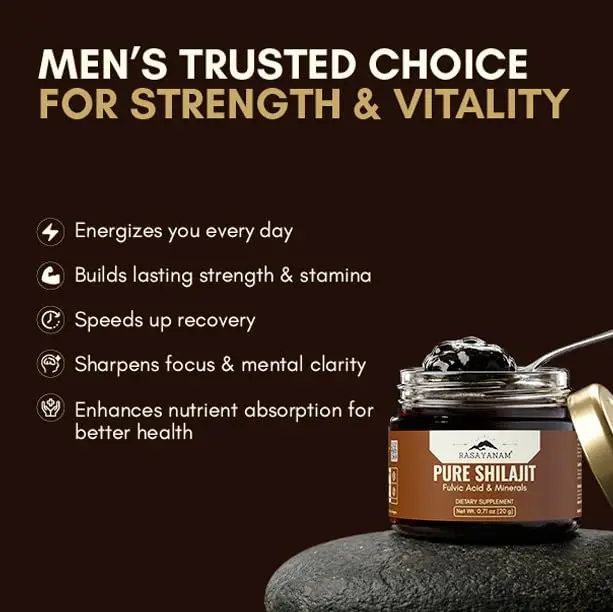 Rasayanam Shilajit resin is a pure and potent supplement sourced from high-altitude Himalayan regions, naturally filtered using traditional Ayurvedic methods and tested for heavy metals, suitable for vegetarians.