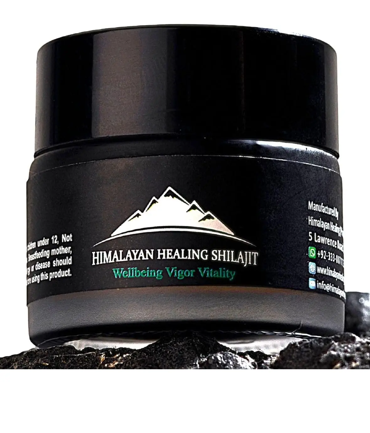 A jar of pure Himalayan Shilajit resin, a potent rejuvenator sourced from 16000 feet, known for its anti-aging properties.