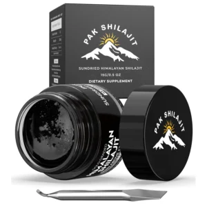 Jar of pure Himalayan Shilajit resin, rich in over 84 minerals and sourced from high altitudes.