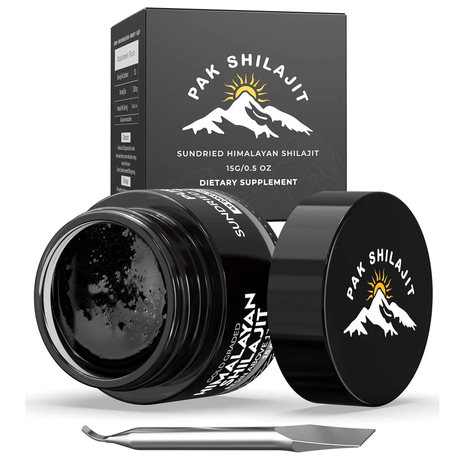 Jar of pure Himalayan Shilajit resin, rich in over 84 minerals and sourced from high altitudes.