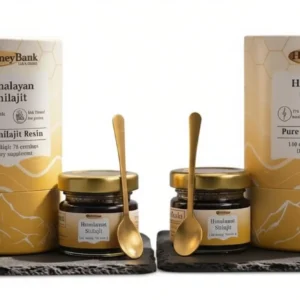 Two jars of pure Himalayan Shilajit resin, collected from high altitudes and rich in minerals and fulvic acid, are displayed.