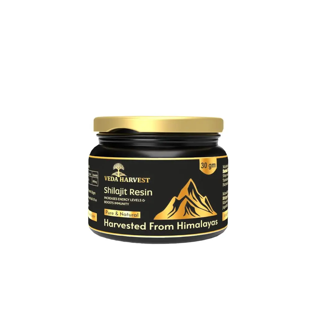 Veda Harvest Himalayan Shilajit resin sourced from 18500 ft, a natural energy booster with fulvic acid for strength, stamina, and performance for men and women.
