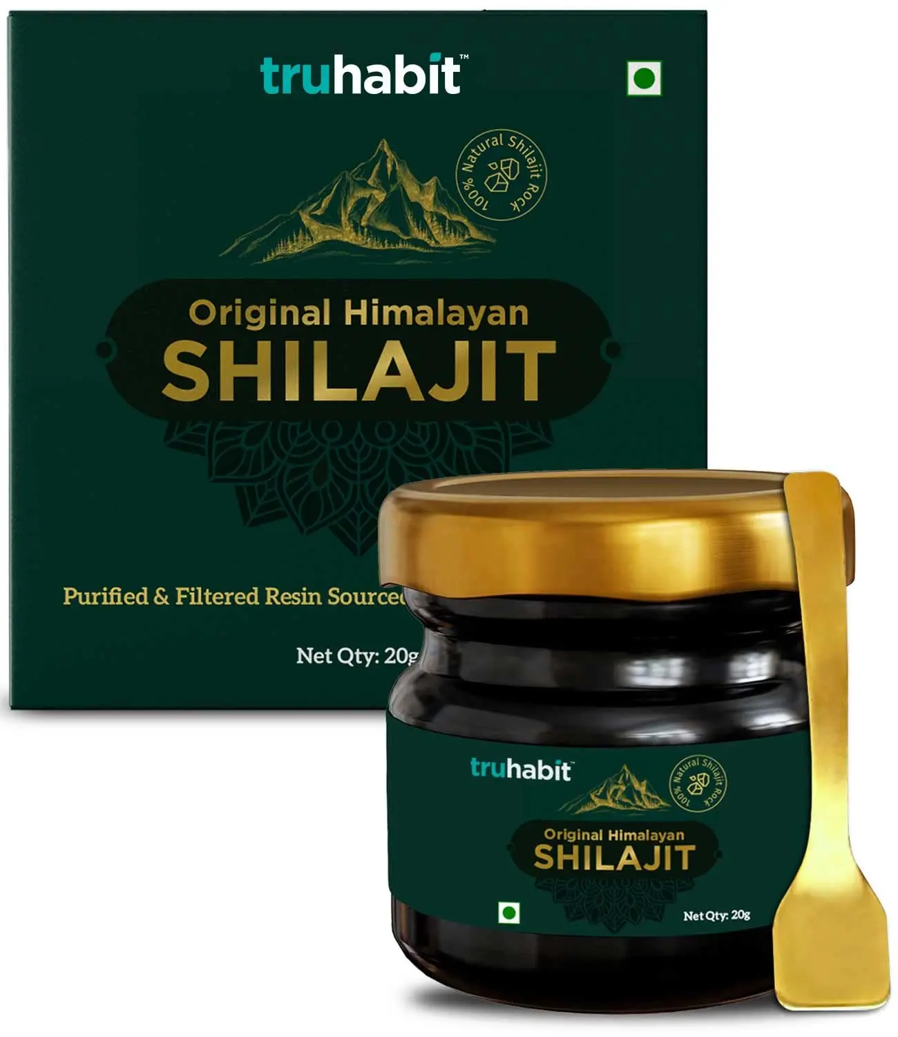 A jar of pure Himalayan Shilajit resin, a natural supplement for men and women to boost stamina and energy, sourced from high altitudes and lab-tested for purity.