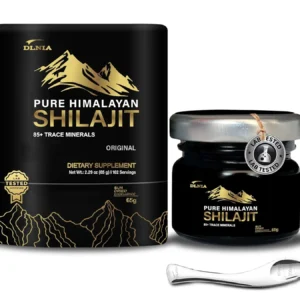Jar of pure Himalayan Shilajit resin, an organic supplement with over 85 trace minerals like fulvic acid and zinc, sourced from high altitudes for improved energy and overall well-being.